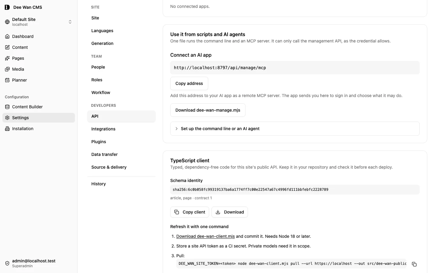 Settings, API: the management MCP address with command-line setup closed