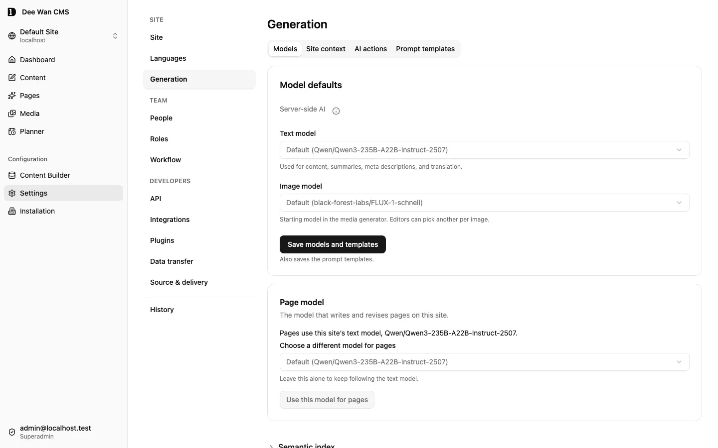 Generation model defaults and the page-model selection controls