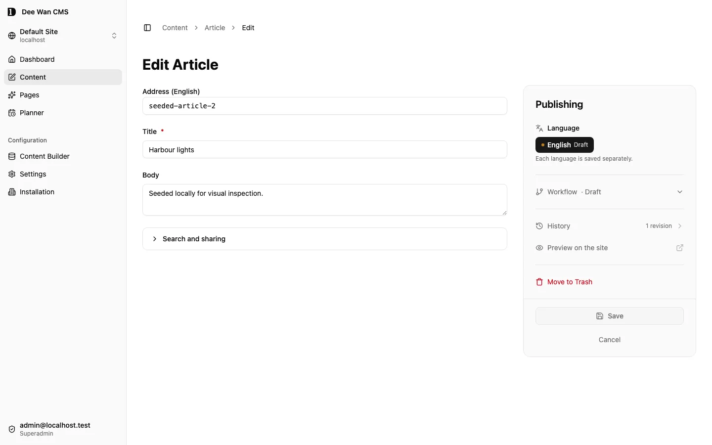A seeded article open in the content editor, with the Publishing panel beside it
