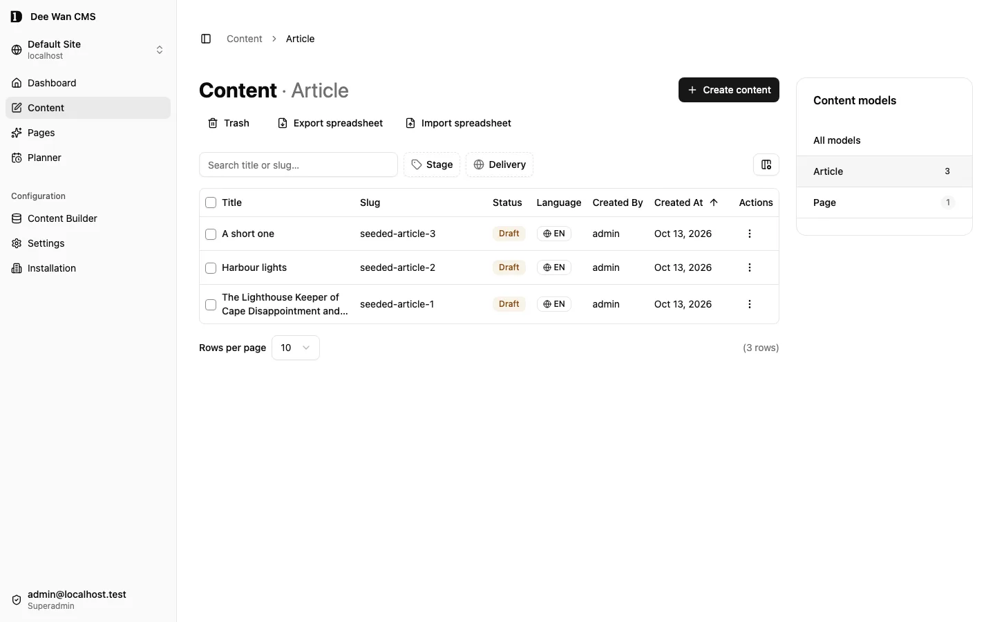 Content: the three seeded Article drafts in a list, with stage and delivery filters