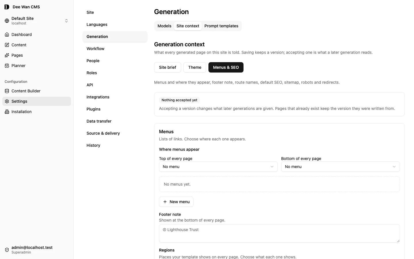 Settings, Generation, Site context: Menus & SEO