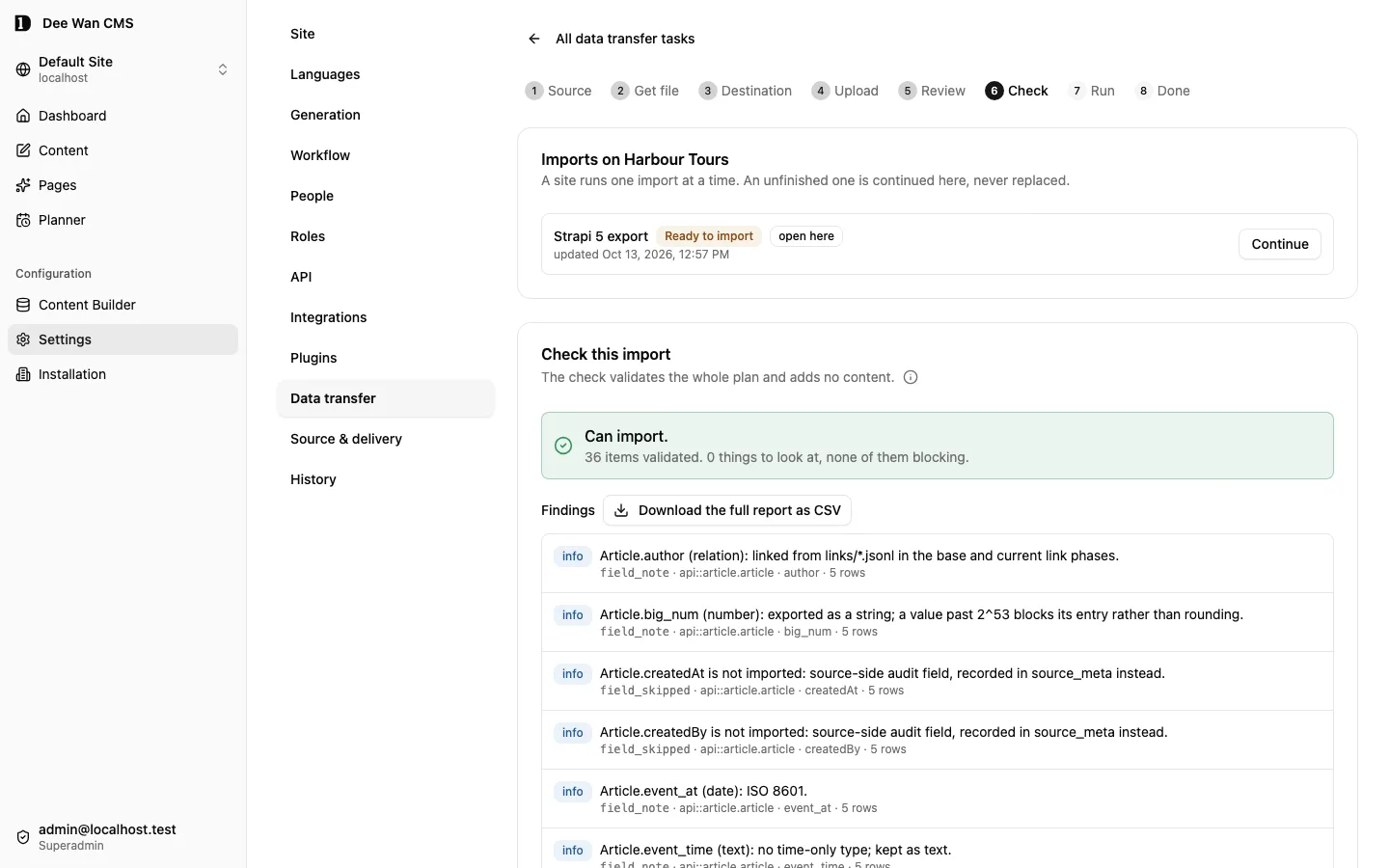 The import check with its readiness verdict