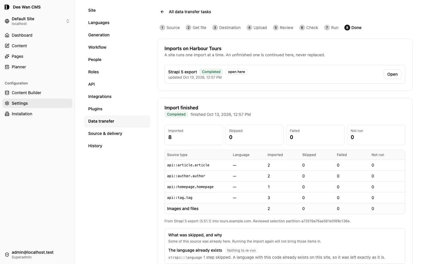 The completed import with per-source result counts