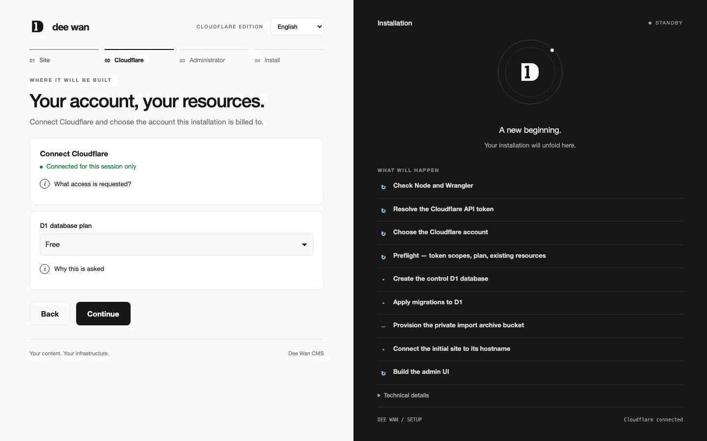 Web installer, Cloudflare step: connected for this session, D1 plan chosen