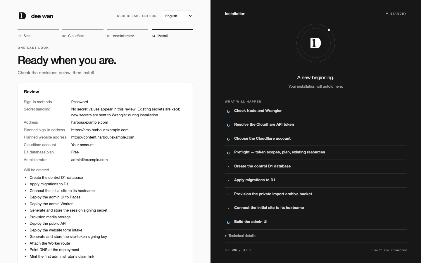 Web installer, Install step: the review of planned addresses and everything that will be created