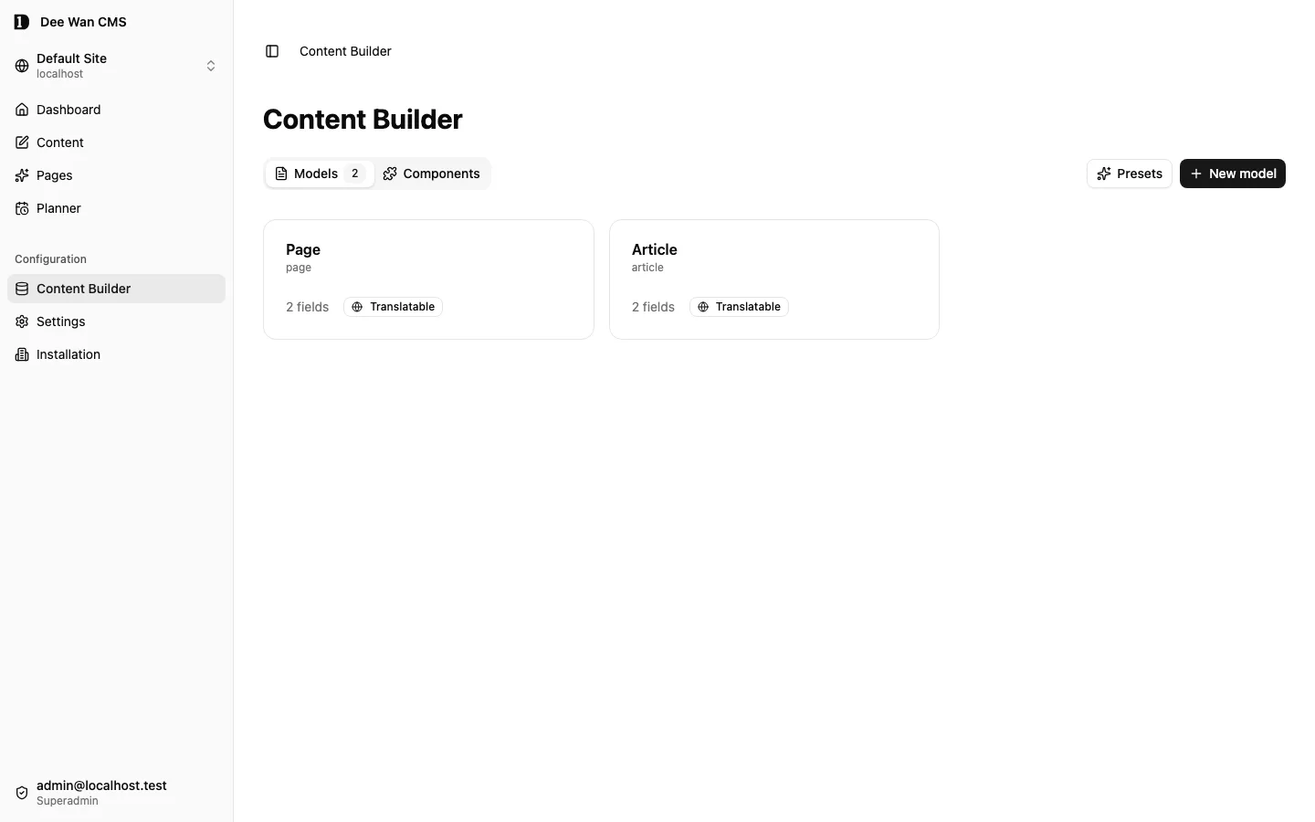 The Content Builder showing the site’s Page and Article models