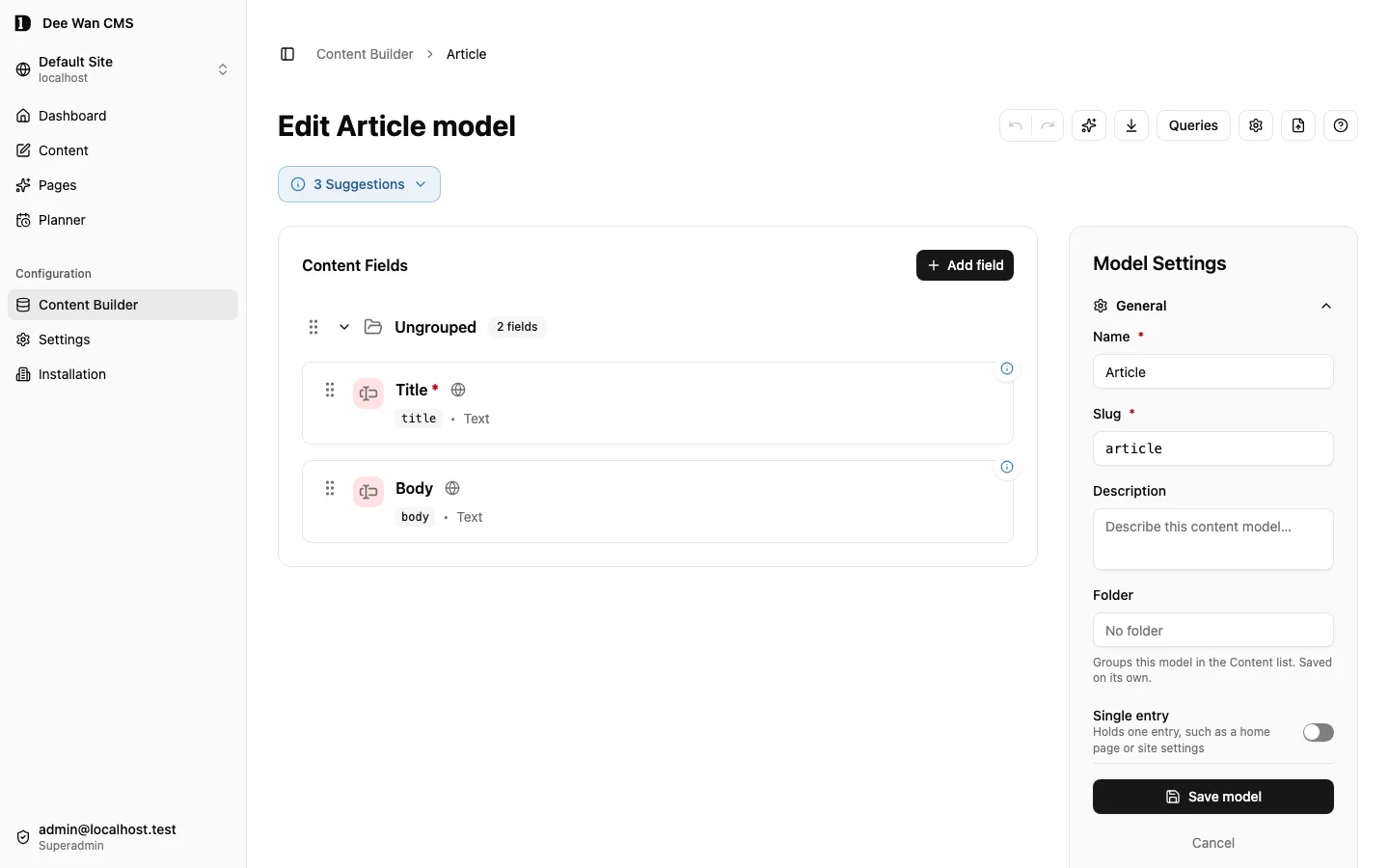 The Article model editor with its field list and model settings