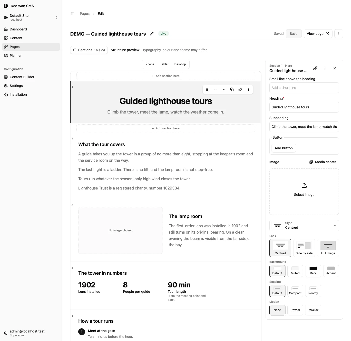 The page editor with the first section selected and its panel open at Style