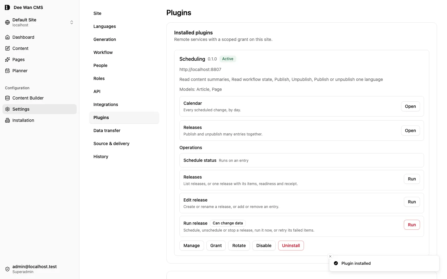 Settings → Plugins after Install: Scheduling 0.1.0 is Active with its grant and models