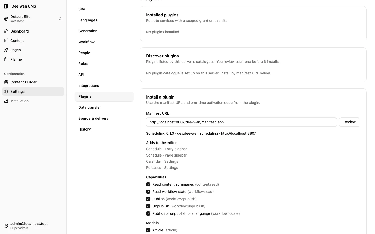 Settings → Plugins after Review: requested capabilities and the site’s models, each a checkbox, above the activation code