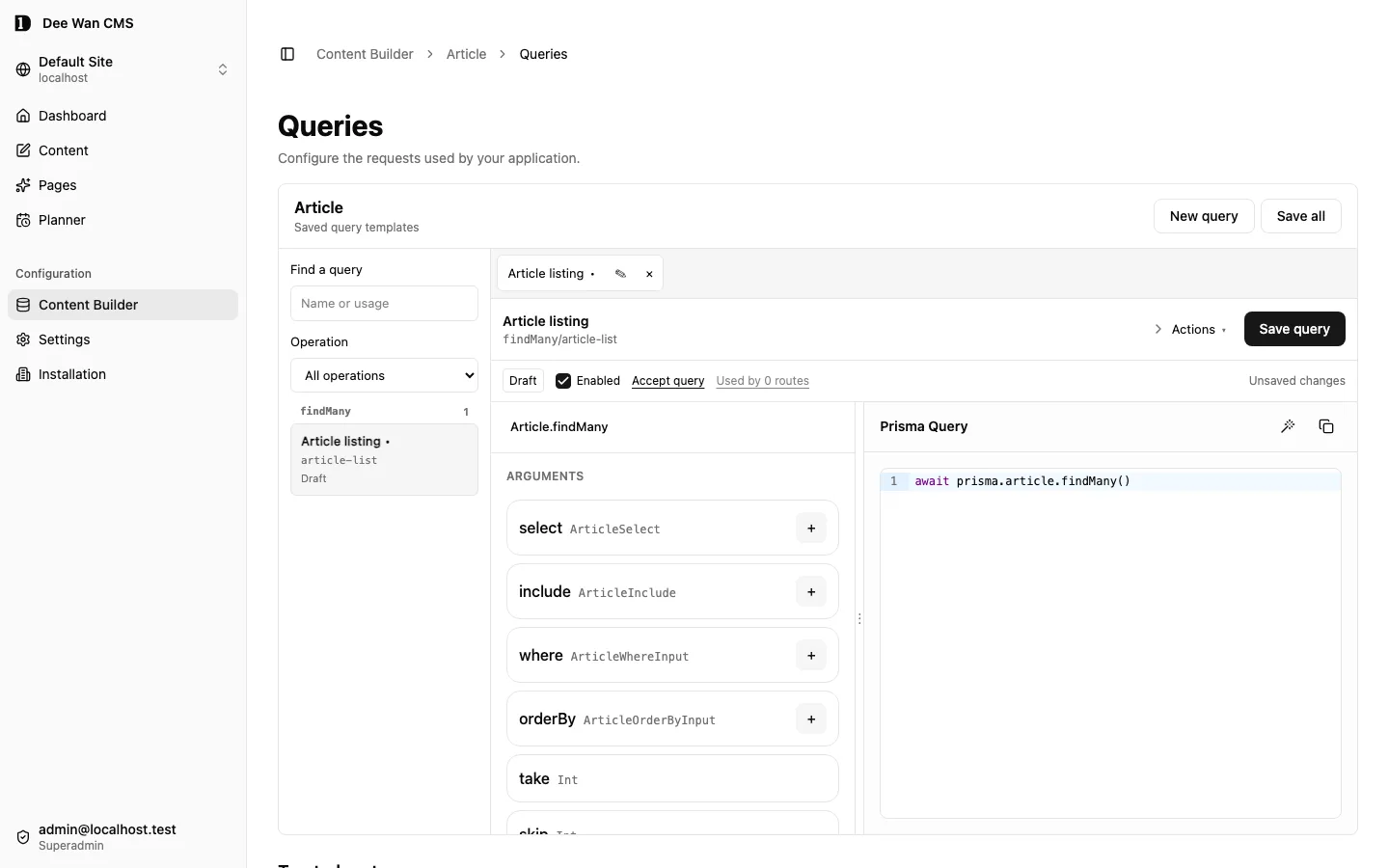 The saved-query workspace with the nested query builder and Prisma query preview