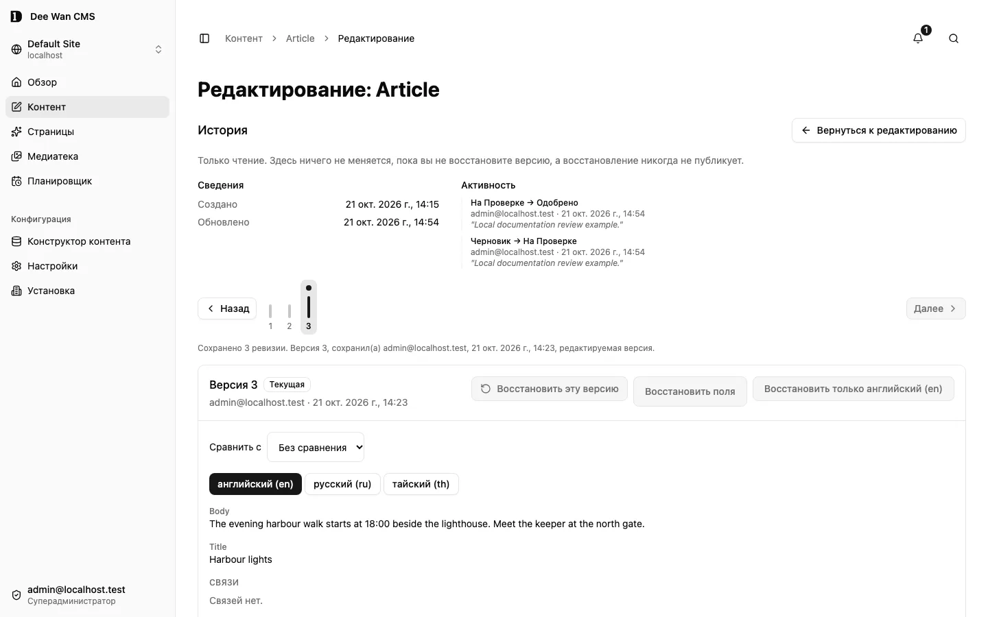История тестовой записи Article и сохранённые версии