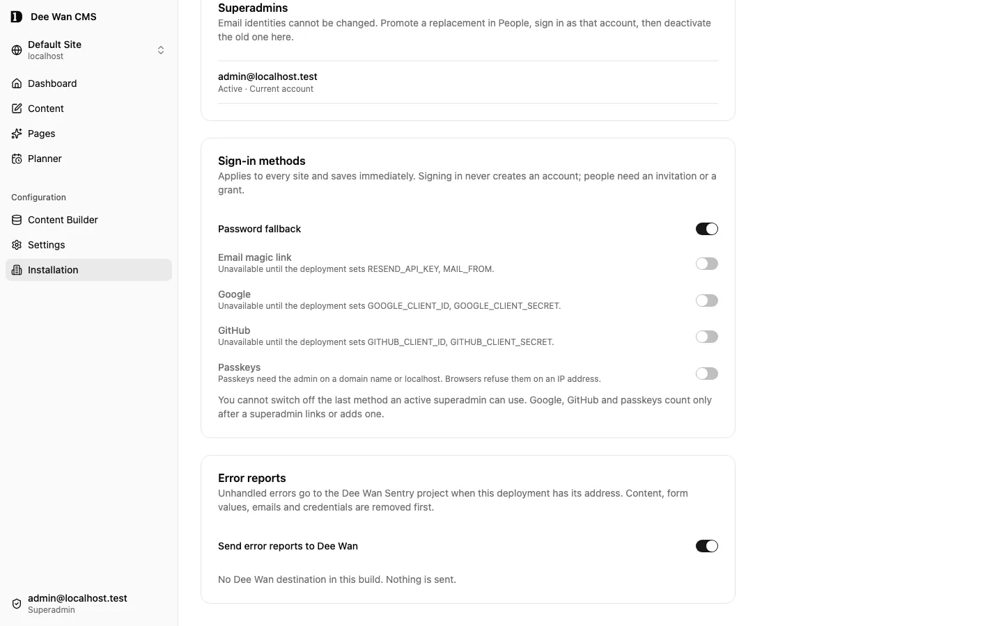 Installation: the Error reports switch