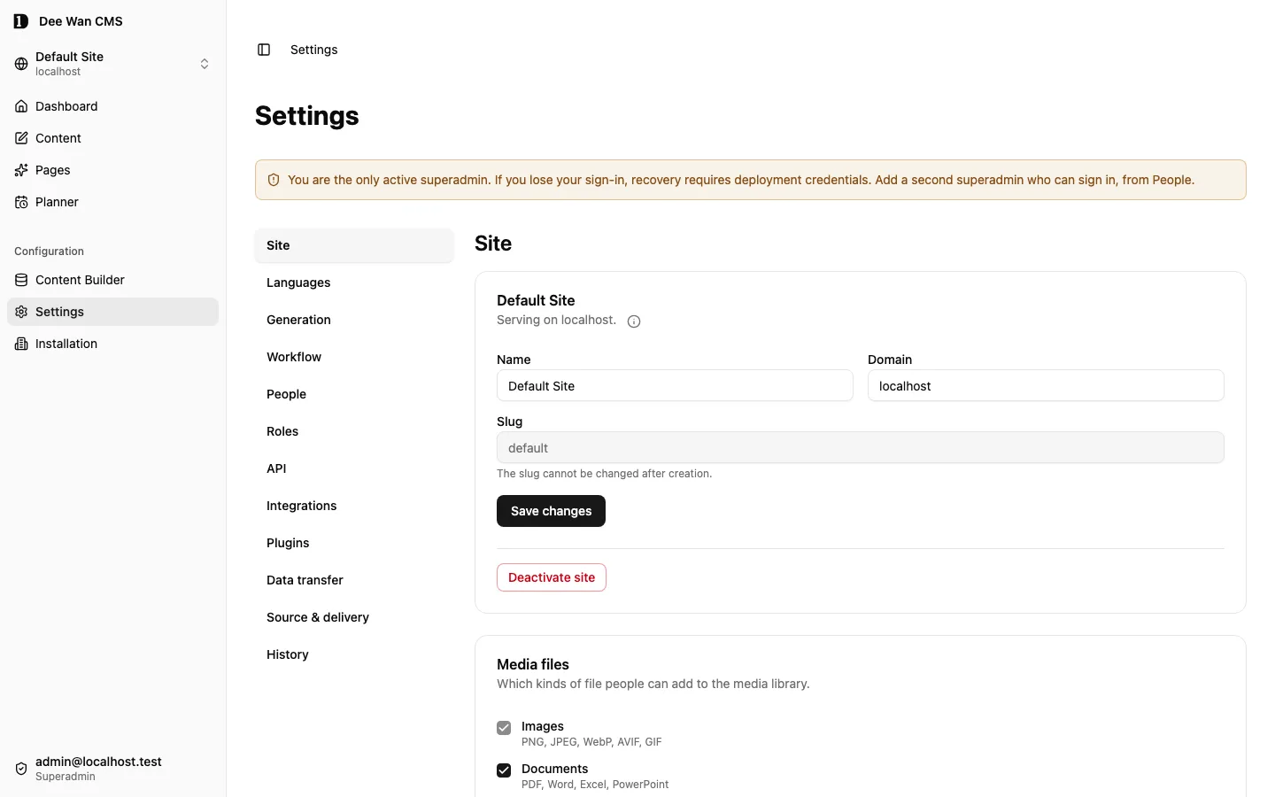 Site settings for the selected site, including its public domain