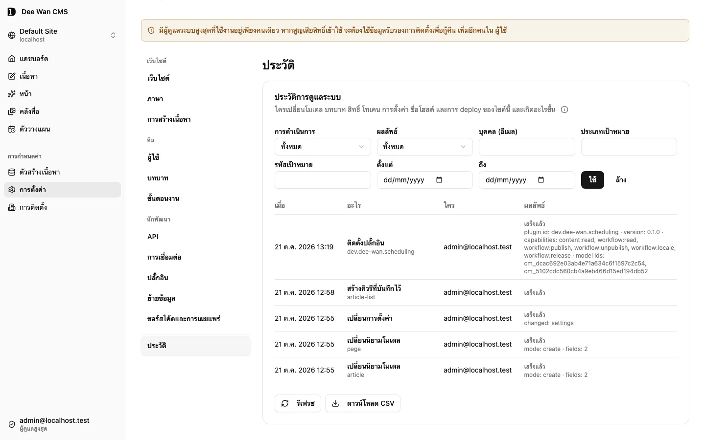 ประวัติการดูแลไซต์พร้อมตัวกรอง